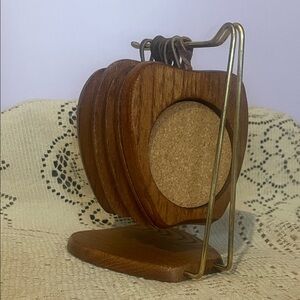 Wooden Coaster Set with Holder Apple shape vintage 70’s